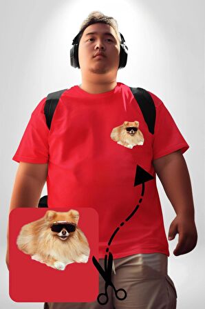 Pomernian Köpek Kırmızı Büyük Beden Kadın Basic Minimal Baskılı Tişört