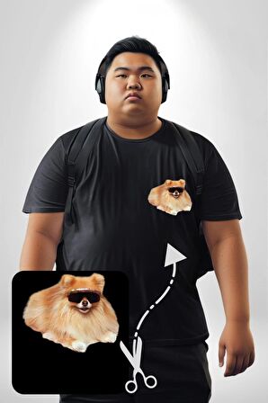 Pomernian Köpek Siyah Büyük Beden Kadın Basic Minimal Baskılı Tişört