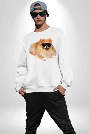 Pomernian Köpek Kadın Erkek Beyaz Sweatshirt 