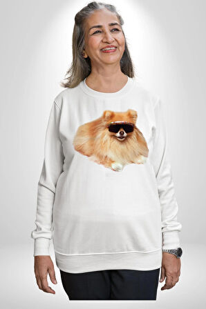 Pomernian Köpek Kadın Erkek Beyaz Sweatshirt 