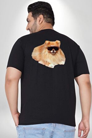 Pomernian Köpek Büyük Beden Siyah Tişört Kadın Erkek Ünisex Sırt Baskılı