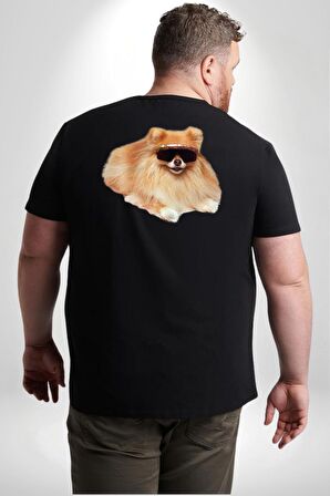 Pomernian Köpek Büyük Beden Siyah Tişört Kadın Erkek Ünisex Sırt Baskılı