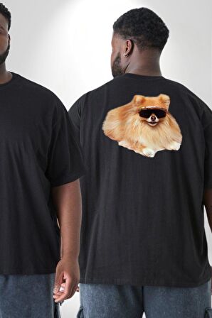 Pomernian Köpek Büyük Beden Siyah Tişört Kadın Erkek Ünisex Sırt Baskılı