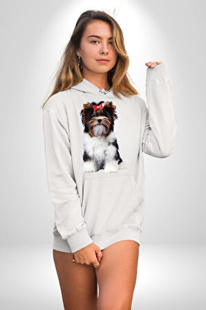 Biewer Yorshire Terrier Kadın Erkek  Beyaz Kapüşonlu Sweatshirt Hoodie