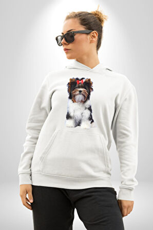 Biewer Yorshire Terrier Kadın Erkek  Beyaz Kapüşonlu Sweatshirt Hoodie