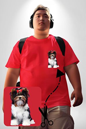 Biewer Yorshire Terrier Kırmızı Büyük Beden Kadın Basic Minimal Baskılı Tişört