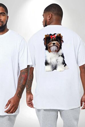 Biewer Yorshire Terrier Büyük Beden Beyaz Tişört Kadın Erkek Ünisex Sırt Baskılı