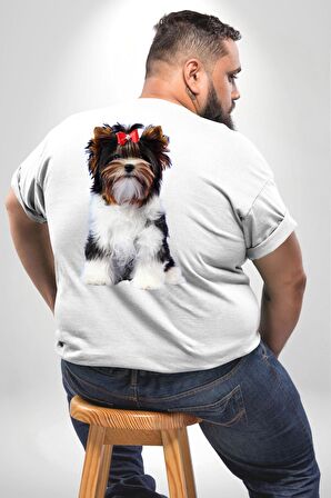 Biewer Yorshire Terrier Büyük Beden Beyaz Tişört Kadın Erkek Ünisex Sırt Baskılı