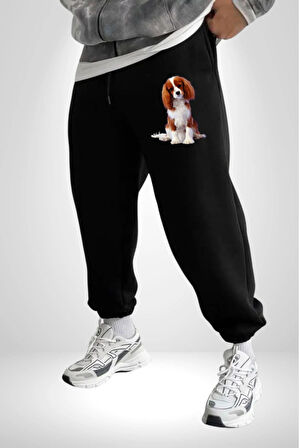 Cavalier King Charles Spaniel 3 İplik Erkek Baskılı Siyah Eşofman Altı