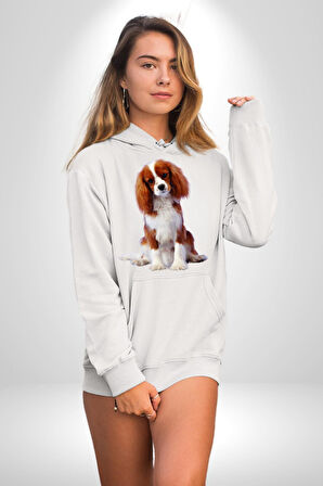 Cavalier King Charles Spaniel Kadın Erkek  Beyaz Kapüşonlu Sweatshirt Hoodie