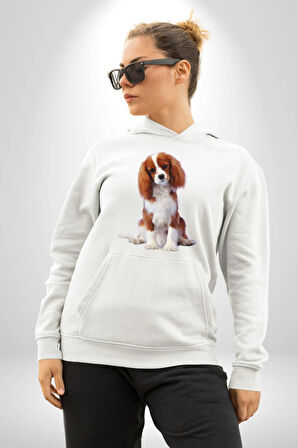 Cavalier King Charles Spaniel Kadın Erkek  Beyaz Kapüşonlu Sweatshirt Hoodie