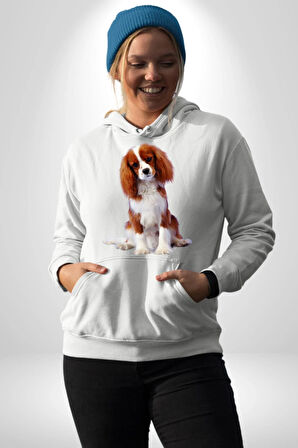 Cavalier King Charles Spaniel Kadın Erkek  Beyaz Kapüşonlu Sweatshirt Hoodie