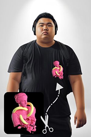 Pop Art Yaratıcı Heykel Pembe  Siyah Büyük Beden Kadın Basic Minimal Baskılı Tişört