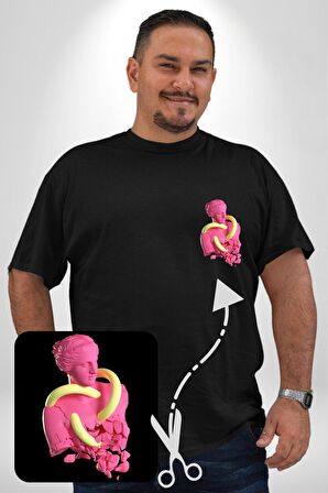 Pop Art Yaratıcı Heykel Pembe  Siyah Büyük Beden Kadın Basic Minimal Baskılı Tişört