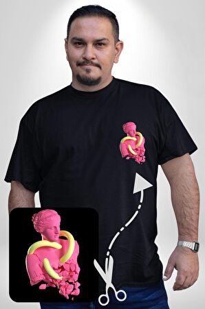 Pop Art Yaratıcı Heykel Pembe  Siyah Büyük Beden Kadın Basic Minimal Baskılı Tişört