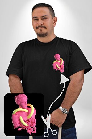 Pop Art Yaratıcı Heykel Pembe  Siyah Büyük Beden Kadın Basic Minimal Baskılı Tişört