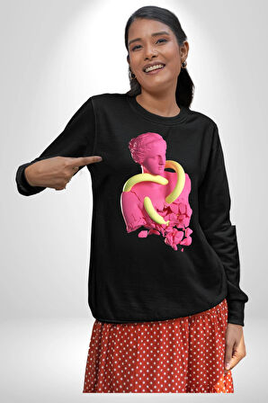 Pop Art Yaratıcı Heykel Pembe  Kadın Erkek Siyah Sweatshirt 