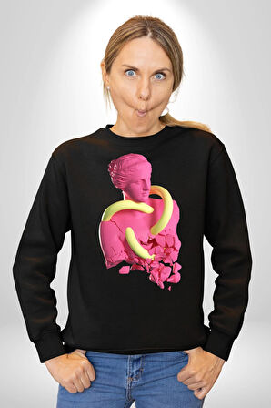 Pop Art Yaratıcı Heykel Pembe  Kadın Erkek Siyah Sweatshirt 