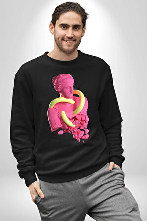 Pop Art Yaratıcı Heykel Pembe  Kadın Erkek Siyah Sweatshirt 