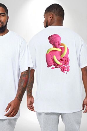 Pop Art Yaratıcı Heykel Pembe  Büyük Beden Beyaz Tişört Kadın Erkek Ünisex Sırt Baskılı