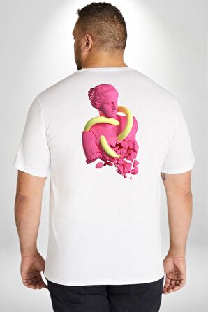 Pop Art Yaratıcı Heykel Pembe  Büyük Beden Beyaz Tişört Kadın Erkek Ünisex Sırt Baskılı