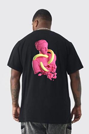 Pop Art Yaratıcı Heykel Pembe  Büyük Beden Siyah Tişört Kadın Erkek Ünisex Sırt Baskılı
