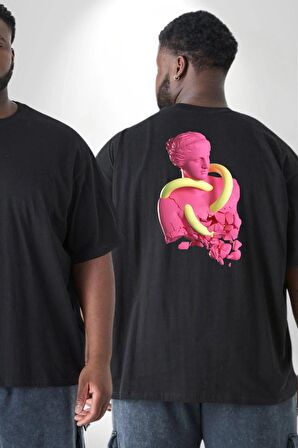 Pop Art Yaratıcı Heykel Pembe  Büyük Beden Siyah Tişört Kadın Erkek Ünisex Sırt Baskılı