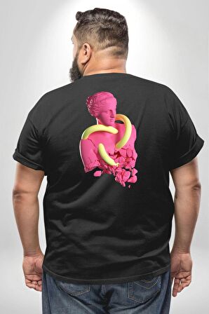 Pop Art Yaratıcı Heykel Pembe  Büyük Beden Siyah Tişört Kadın Erkek Ünisex Sırt Baskılı