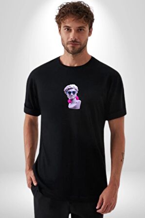 Kulaklık Gözlük Pop Art Heykel Siyah Oversize Kadın Erkek Ön Orta Minimal Baskılı Tişört