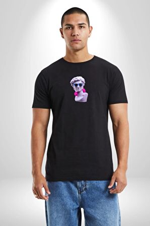 Kulaklık Gözlük Pop Art Heykel Siyah Oversize Kadın Erkek Ön Orta Minimal Baskılı Tişört