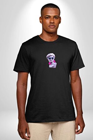 Kulaklık Gözlük Pop Art Heykel Siyah Oversize Kadın Erkek Ön Orta Minimal Baskılı Tişört