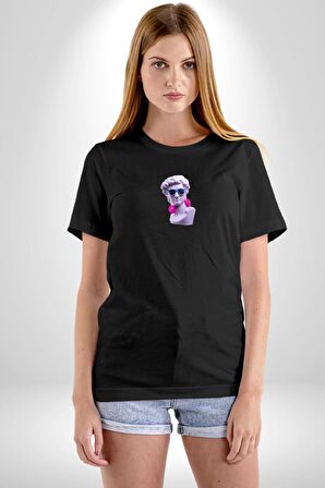 Kulaklık Gözlük Pop Art Heykel Siyah Oversize Kadın Erkek Ön Orta Minimal Baskılı Tişört