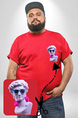 Kulaklık Gözlük Pop Art Heykel Kırmızı Büyük Beden Kadın Basic Minimal Baskılı Tişört