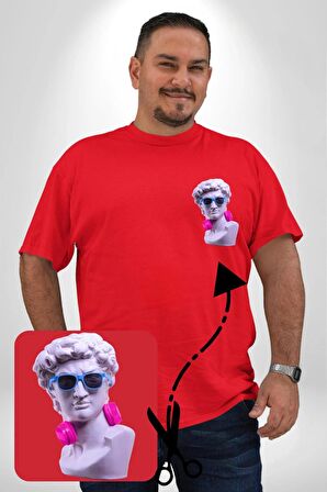 Kulaklık Gözlük Pop Art Heykel Kırmızı Büyük Beden Kadın Basic Minimal Baskılı Tişört