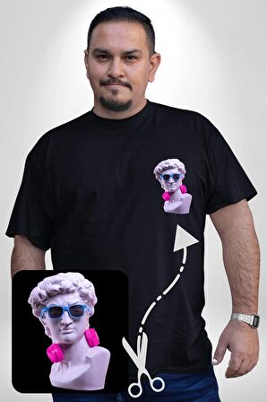 Kulaklık Gözlük Pop Art Heykel Siyah Büyük Beden Kadın Basic Minimal Baskılı Tişört