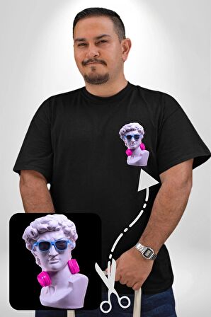 Kulaklık Gözlük Pop Art Heykel Siyah Büyük Beden Kadın Basic Minimal Baskılı Tişört