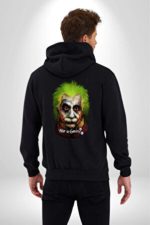 Albert Einstein Joker Why So Genius  Kadın Erkek Siyah Kapüşonlu Fermuarlı Baskılı Hırka Sweatshirt