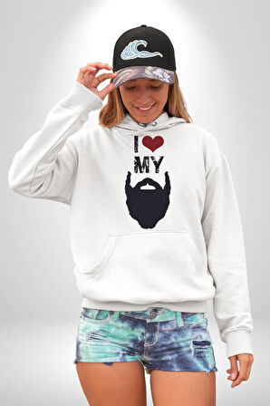 Sakalımı Seviyorum Berber  Kadın Erkek  Beyaz Kapüşonlu Sweatshirt Hoodie