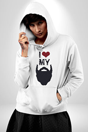 Sakalımı Seviyorum Berber  Kadın Erkek  Beyaz Kapüşonlu Sweatshirt Hoodie