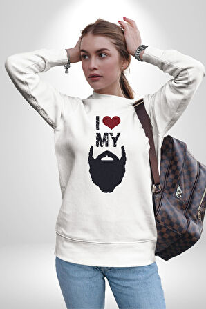 Sakalımı Seviyorum Berber  Kadın Erkek Beyaz Sweatshirt 