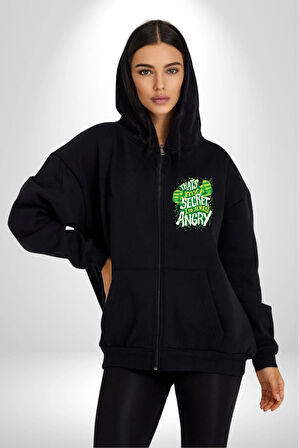 Bu Benim Sırrım Her Zaman Kızgınım Kadın Erkek Siyah Kapüşonlu Fermuarlı Baskılı Hırka Sweatshirt