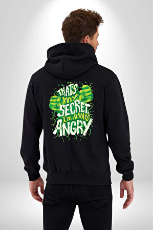 Bu Benim Sırrım Her Zaman Kızgınım Kadın Erkek Siyah Kapüşonlu Fermuarlı Baskılı Hırka Sweatshirt