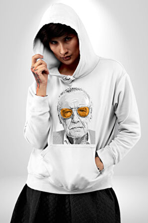 Stan Lee Kadın Erkek  Beyaz Kapüşonlu Sweatshirt Hoodie