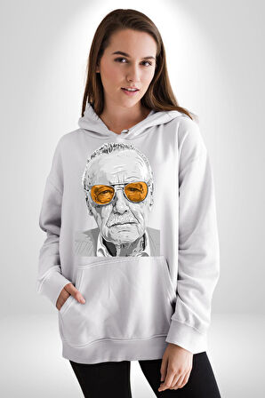 Stan Lee Kadın Erkek  Beyaz Kapüşonlu Sweatshirt Hoodie