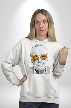 Stan Lee Kadın Erkek  Beyaz Kapüşonlu Sweatshirt Hoodie