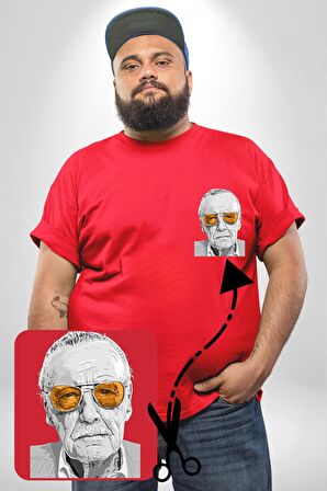 Stan Lee Kırmızı Büyük Beden Kadın Basic Minimal Baskılı Tişört