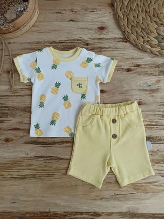 Northcity Ananas Baskılı 3-6 6-9 9-12 Ay Kız Erkek Bebek Takımı - Antialerjik ve ÇİMA Dikişli Güvenli Takım