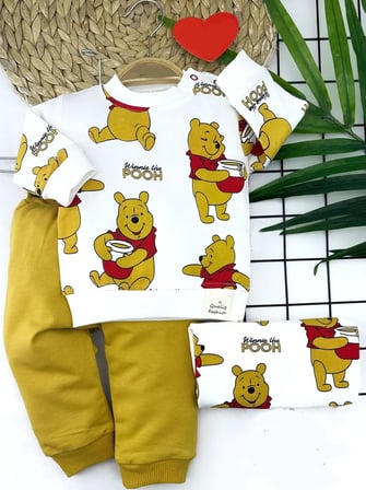 Northcity Pooh Baskılı Yaka Çıtçıtlı Bebek Sweat Takımı 9-12-18-24 Ay Kışlık 2li Kız Erkek - Pahalı Kumaşlı, Rahat ve Şık