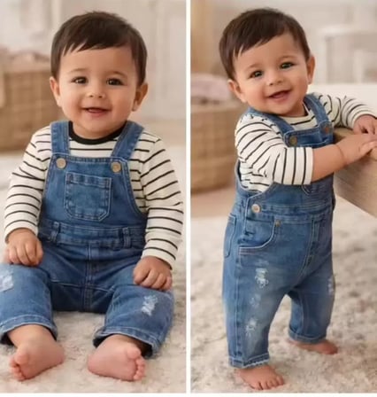 Northcity 6-18 Ay Çizgili Kot Salopet Bebek Takımı - Antialerjik ve ÇİMA Dikişli Badili