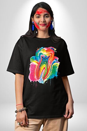 Diş Doktoru Diş Anatomisi Özel Tasarım Pamuklu Bisiklet Yaka Kadın Erkek Oversize Boyfriend Dijital Baskılı Siyah T-shirt